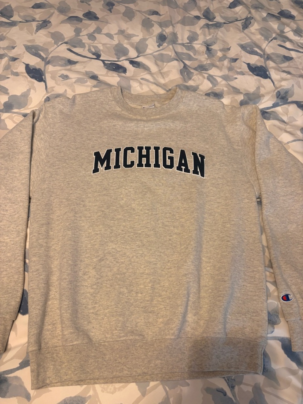 Champion Light Gray Michigan Crewneck Sweatshirt with Navy Lettering